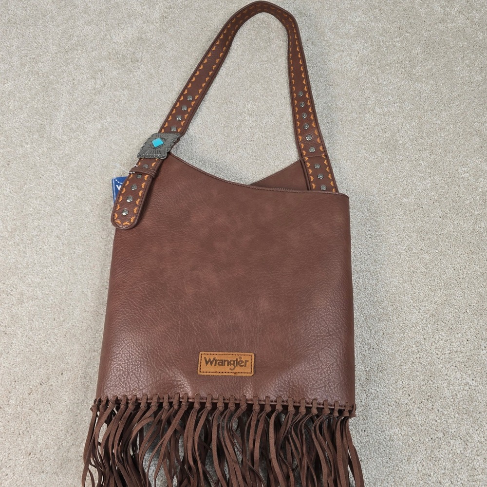 Wrangler Montana West Brown Fringe Hobo Bag Turquoise Concho Studded S-WG61-918